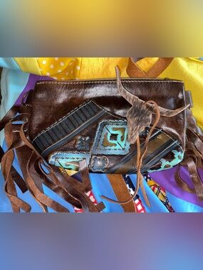 womens new small Brown and Blue Fringe Leather Crossbody Bag